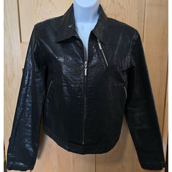 Hamnett Black Faux Leather Cropped Jacket W Zipper Details Textured Pattern VTG - Picture 3 of 15